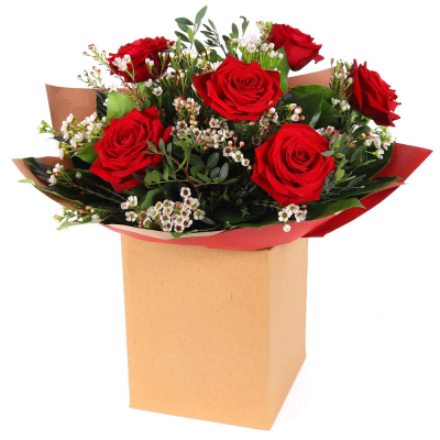 Six Roses of Romance - 6 standard red roses hand-tied or arranged in Oasis with choice filler and foliage with a novelty item presented in a gift box or bag.